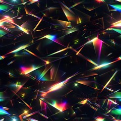 Colorful rainbow prisms on a black background, seamless pattern