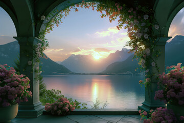 Romantic sunset view through floral archway overlooking serene lake