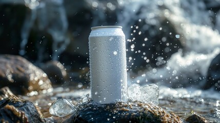 A drink from an aluminum can on top of a rock. Drink can for mockup graphic art on tropical background with natural light. - obrazy, fototapety, plakaty