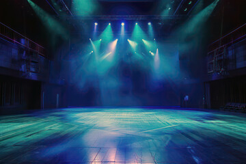 Dramatic stage with blue lights and smoke for live performance atmosphere - obrazy, fototapety, plakaty