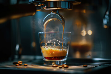 Professional espresso machine pouring fresh coffee in cafe setting