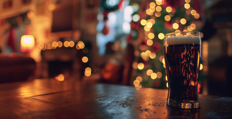 Cozy Christmas setting with dark beer glass by sparkling tree - obrazy, fototapety, plakaty