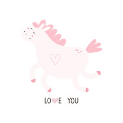 Love you. Cartoon unicorn, hand drawing lettering. colorful vector illustration, flat style. design for print, greeting card, poster decoration, cover.