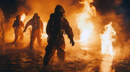 Brave firefighter extinguishing flames with water hose in emergency response