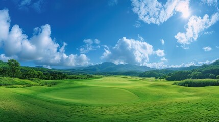 A panoramic vista of a golf course in Hokkaido, Japan, featuring a lush putting green amidst the stunning scenery of rich green turf - obrazy, fototapety, plakaty