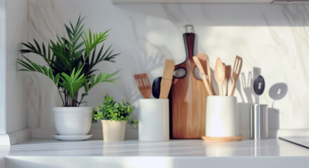 Modern minimalist kitchen with stylish white utensils and wooden accessories - obrazy, fototapety, plakaty