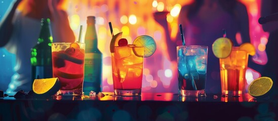 Vibrant display of assorted refreshing cocktails at a lively and colorful bar counter
