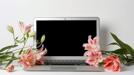 Laptop surrounded by flowers. There are no distractions on the laptop screen. The flowers are placed carefully, showing off their beauty without overshadowing the main subject