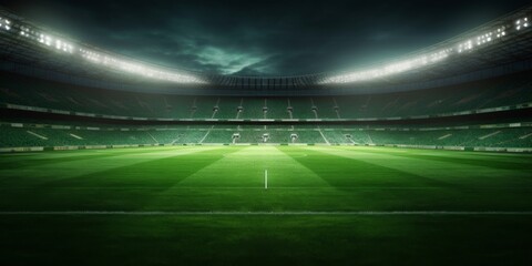 Fototapeta na wymiar cinematic view of an empty stadium with perfect lawn and dramatic spotlights. 
