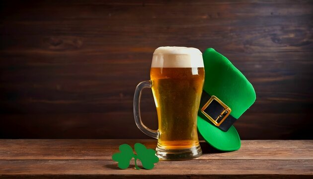 St. Patrick's day, pint of beer, clover leaf and green hat on wooden bar in the pub, festive background, template created with generative ai