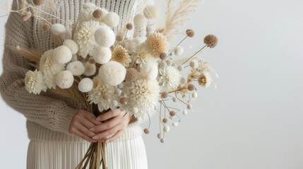 A girl holds a bouquet of dried flowers in her hands, the fluffy texture of plants and pompoms to evoke a feeling of tactile warmth and comfort. In a modern minimalist style.