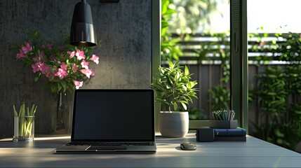 arrangement of laptop and bouquet of flowers. Everything is neatly organized and aligned to create a sense of order and professionalism.
