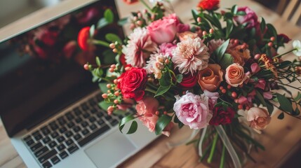 Obraz premium arrangement of laptop and bouquet of flowers. Everything is neatly organized and aligned to create a sense of order and professionalism.