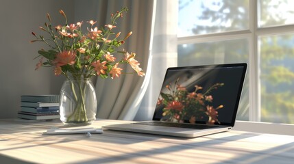 arrangement of laptop and bouquet of flowers. Everything is neatly organized and aligned to create a sense of order and professionalism.