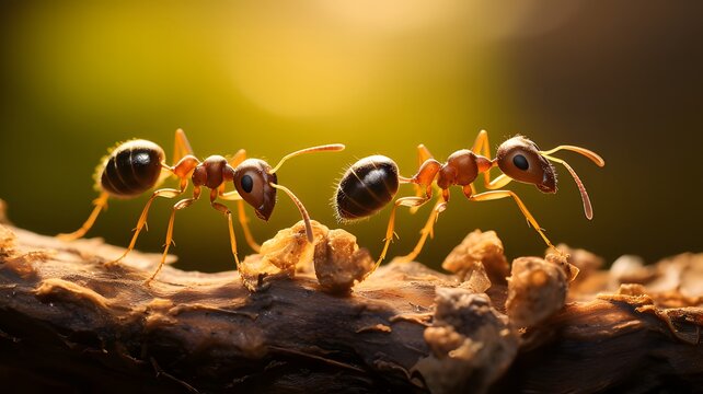 Detailed macro image of ants, illuminated by natural light on rich soil background
