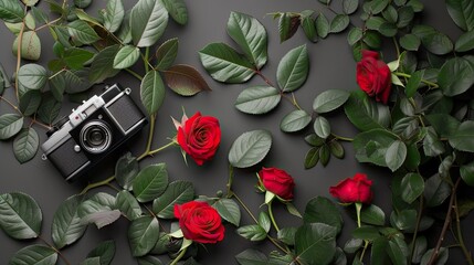 arrangement of an antique or vintage camera, roses and leaves to find the most visually appealing...
