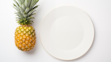 Pineapple, on a white round plate, on a white background, top view - obrazy, fototapety, plakaty