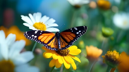 Obraz premium Macro shot of Monarch butterfly on morning flower with blurred background