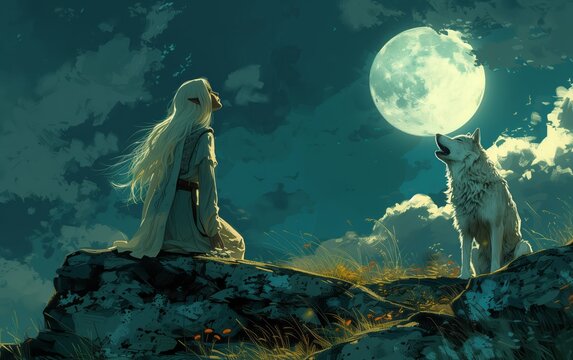 elfa dai capelli bianchi che ulula alla luna insieme ad un lupo bianco