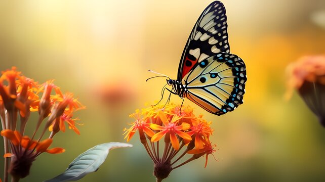 Macro photography of paper butterfly perched on beautiful flower with soft blurred background