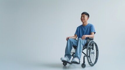 asian man with a physical disability smiling and sitting in a wheelchair dressed in jeans, a blue t-shirt, positioned against a white background, Fashion mockup, Lifestyle, Stylish studio background