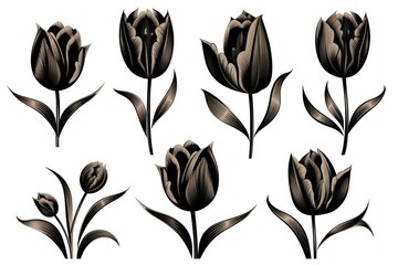 Vector set of golden and black different tulips pattern on white background. Funeral flowers, memorial or grieving card concept. - obrazy, fototapety, plakaty