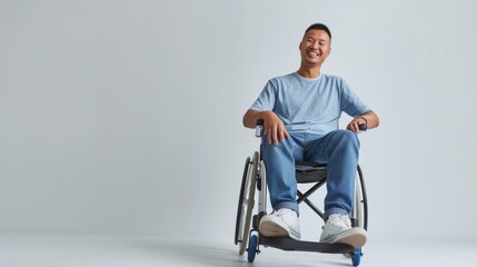 asian man with a physical disability smiling and sitting in a wheelchair dressed in jeans, a blue t-shirt, positioned against a white background, Fashion mockup, Lifestyle, Stylish studio background