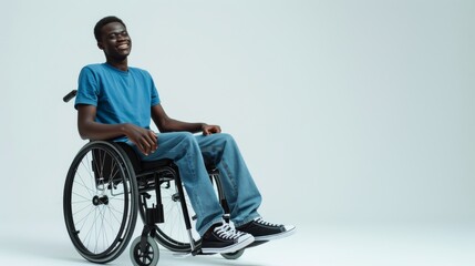 Obraz premium white man with a physical disability smiling and sitting in a wheelchair dressed in jeans, a blue t-shirt, positioned against a white background, Fashion mockup, Lifestyle, Stylish studio background