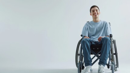 white man with a physical disability smiling and sitting in a wheelchair dressed in jeans, a blue t-shirt, positioned against a white background, Fashion mockup, Lifestyle, Stylish studio background