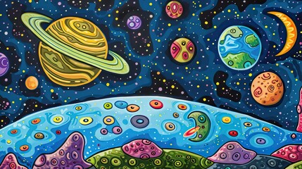 Naklejka premium A universe with planets and stars. Abstract colorful wallpaper in cartoon style.