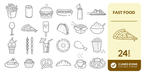 FOOD LINE EDITABLE ICONS SET. FAST FOOD KIT. 
ELEMENTS TO ILLUSTRATE FAST FOOD TRUCK, BURGER, FRIES, LETTUCE, SWEETS, JAPANESE, HOT DOGS, DRIVE THRU, COFFEE, PIZZA, DRINK AND OTHERS
