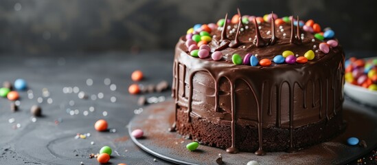 Delicious homemade chocolate cake with rich chocolate frosting and colorful sprinkles for spring celebration and dessert