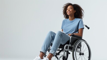woman with a physical disability smiling and sitting in a wheelchair dressed in jeans, a blue t-shirt, , positioned against a white background, Fashion mockup, Lifestyle, 