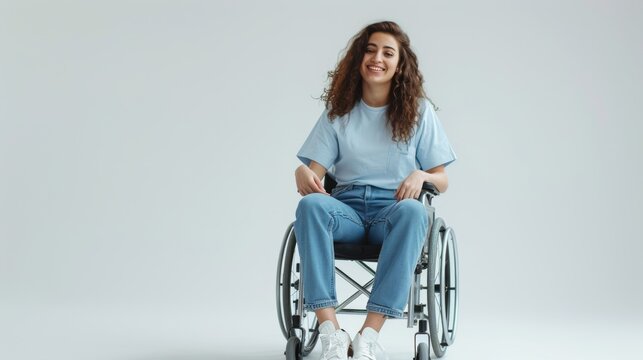 woman with a physical disability smiling and sitting in a wheelchair dressed in jeans, a blue t-shirt, , positioned against a white background, Fashion mockup, Lifestyle, 