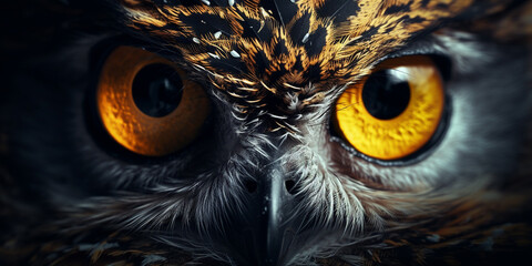 Photorealistic great horned owl looking down at an angle, dark gothic fantasy art, high contrast, visually stunning