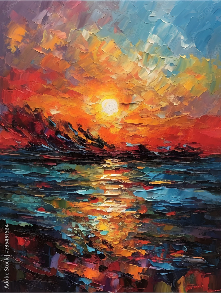 Wall mural oil painting, sunset sky and sea