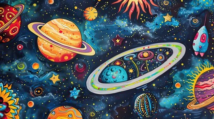 Naklejka premium A universe with planets and stars. Abstract colorful wallpaper in cartoon style.