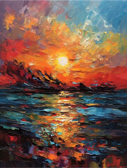 oil painting, sunset sky and sea