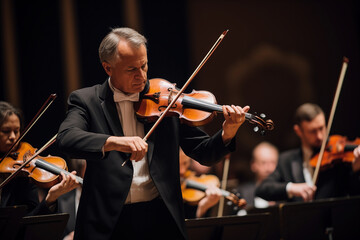A man in a formal suit plays a violin with concentration and skill.