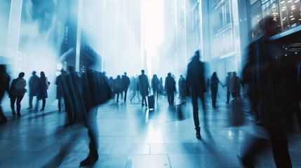 Dynamic corporate environment with busy professionals in motion