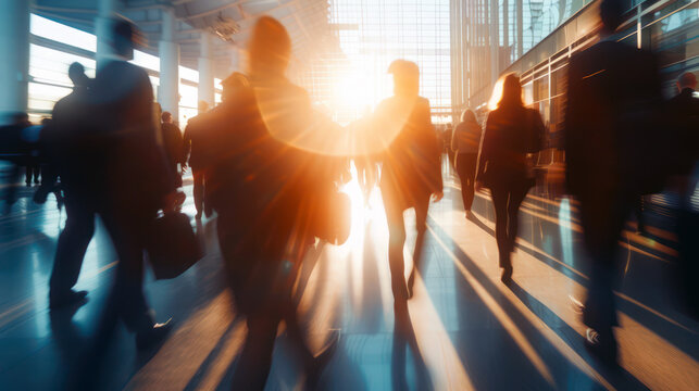 Dynamic corporate environment with busy professionals in motion