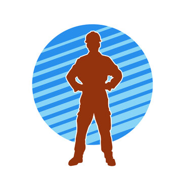 recommend clip art: Silhouette of man in construction worker costume. Silhouette of construction worker male in pose. 