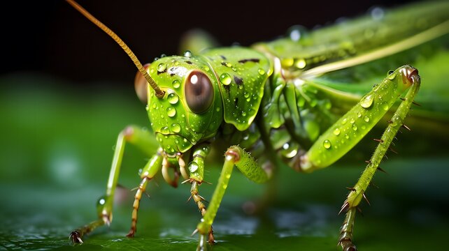 Detailed macro image of a grasshopper eyes on a fresh green leaf with morning dew