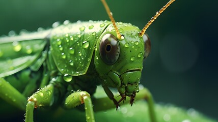 Detailed macro image of a grasshopper head on a fresh green leaf with morning dew - Powered by Adobe
