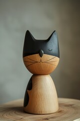 Obraz premium A kitten-shaped wooden toy in varnish color and semi-matte black. Toy cat design with organic simplicity. Innovative toy cat trend.