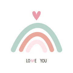 Love you. Cartoon rainbow, hand drawing lettering. colorful vector illustration, flat style. design for print, greeting card, poster decoration, cover.