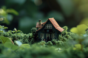 Whimsical miniature house with brown roof nestled in a lush garden