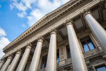 A towering building with numerous columns and windows, showcasing its impressive architecture and design.