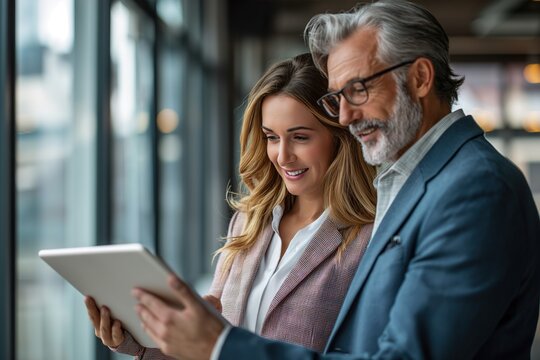 A couple of people engaged in a discussion while attentively looking at a tablet screen.