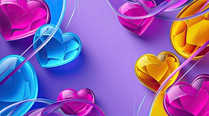 violet background with 3d colorful hearts. Generative AI